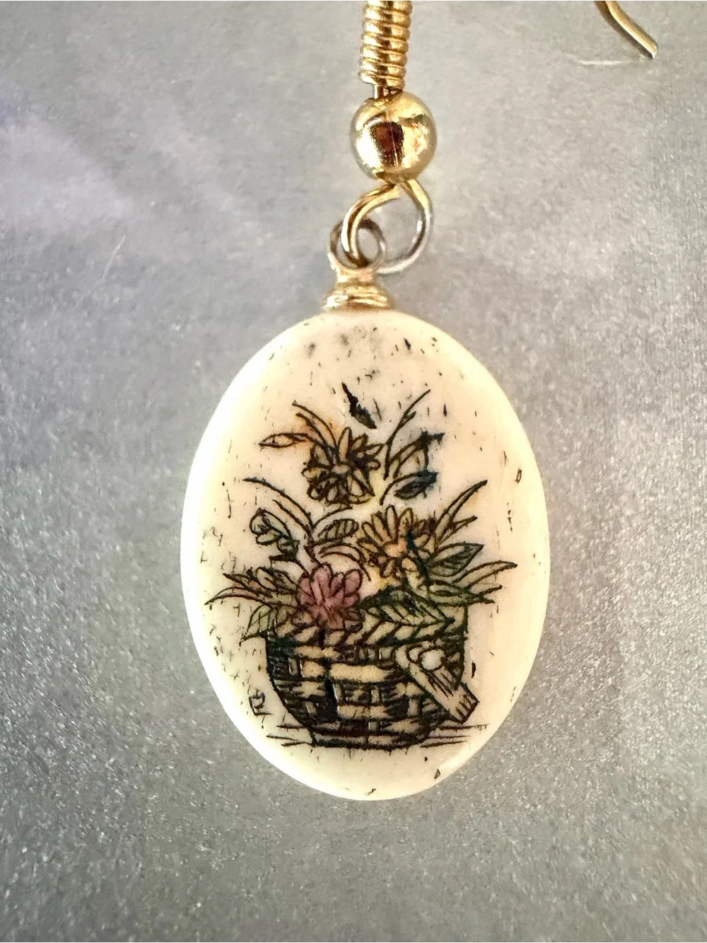 Vintage Genuine Bone Scrimshaw Etched Folk Art, Basket of Flowers” Earrings